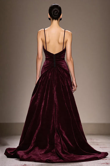Burgundy Velvet A Line Spaghetti Straps Long Formal Dress